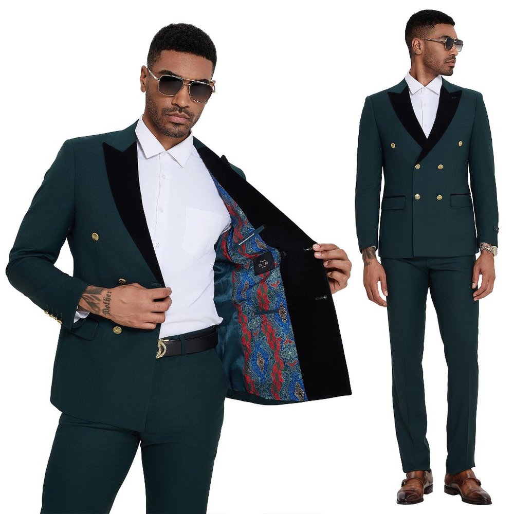 2024 Double Breasted Mens Suit (Limited Stock) 2PC w/ Velvet Peak Lapel, Green